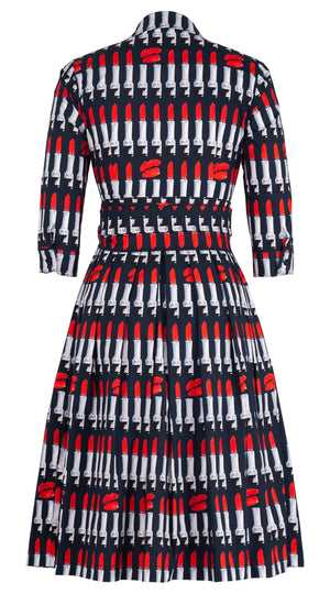 Audrey Dress #1 Shirt Collar 3/4 Sleeve Long Length Cotton Stretch (Lipstic Rouge Black)
