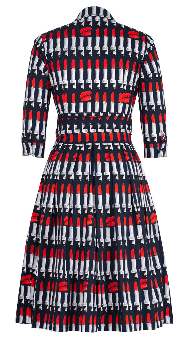 Audrey Dress #1 Shirt Collar 3/4 Sleeve Long Length Cotton Stretch (Lipstic Rouge Black)