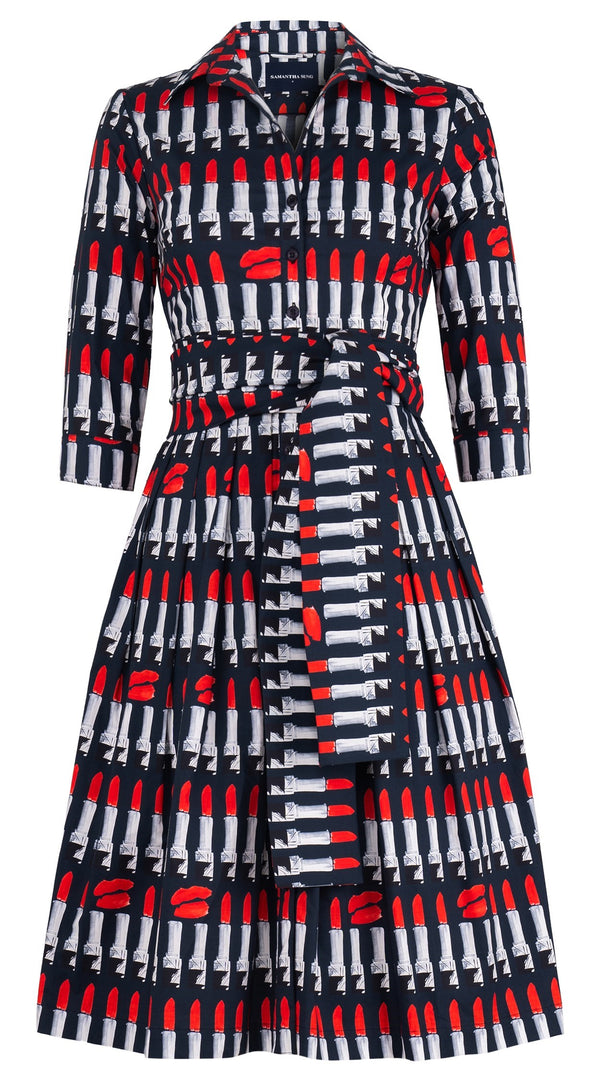 Audrey Dress #1 Shirt Collar 3/4 Sleeve Long Length Cotton Stretch (Lipstic Rouge Black)