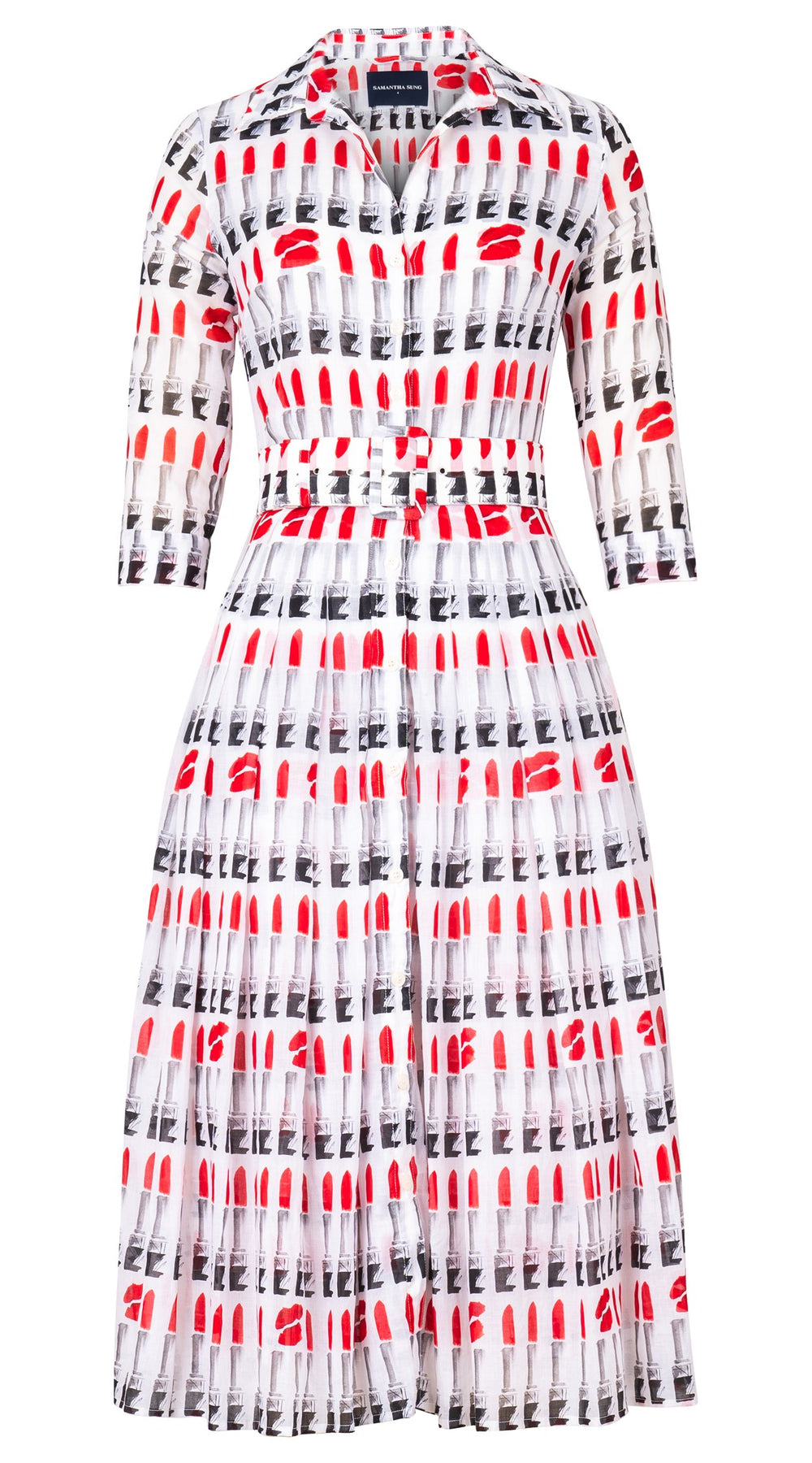 Audrey Dress #4 Shirt Collar 3/4 Sleeve Midi Length Cotton Musola (Lipstic Rouge White)