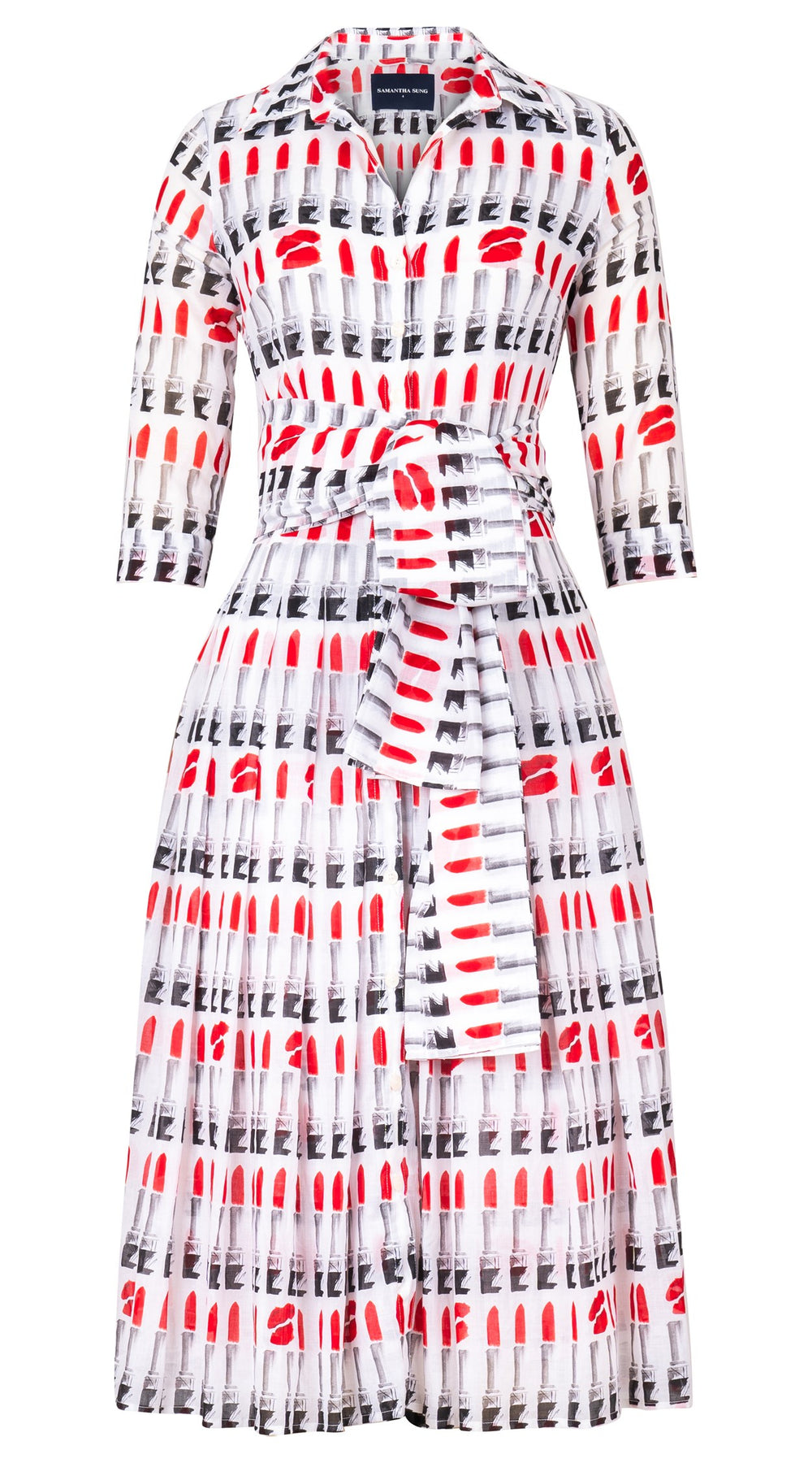 Audrey Dress #4 Shirt Collar 3/4 Sleeve Midi Length Cotton Musola (Lipstic Rouge White)