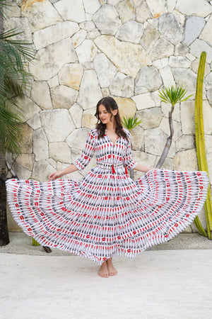 Eva Dress Crew Neck 3/4 Sleeve Maxi Length Cotton Musola (Lipstic Rouge White)
