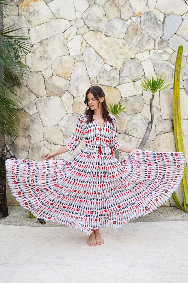 Eva Dress Crew Neck 3/4 Sleeve Maxi Length Cotton Musola (Lipstic Rouge White)