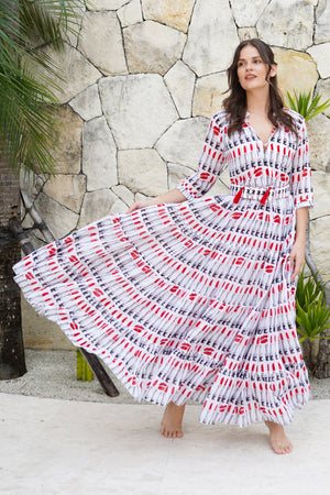 Eva Dress Crew Neck 3/4 Sleeve Maxi Length Cotton Musola (Lipstic Rouge White)