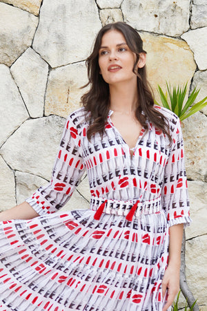 Eva Dress Crew Neck 3/4 Sleeve Maxi Length Cotton Musola (Lipstic Rouge White)