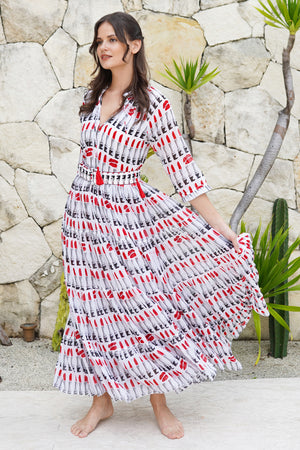 Eva Dress Crew Neck 3/4 Sleeve Maxi Length Cotton Musola (Lipstic Rouge White)