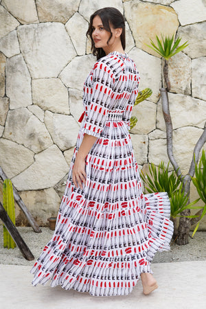 Eva Dress Crew Neck 3/4 Sleeve Maxi Length Cotton Musola (Lipstic Rouge White)