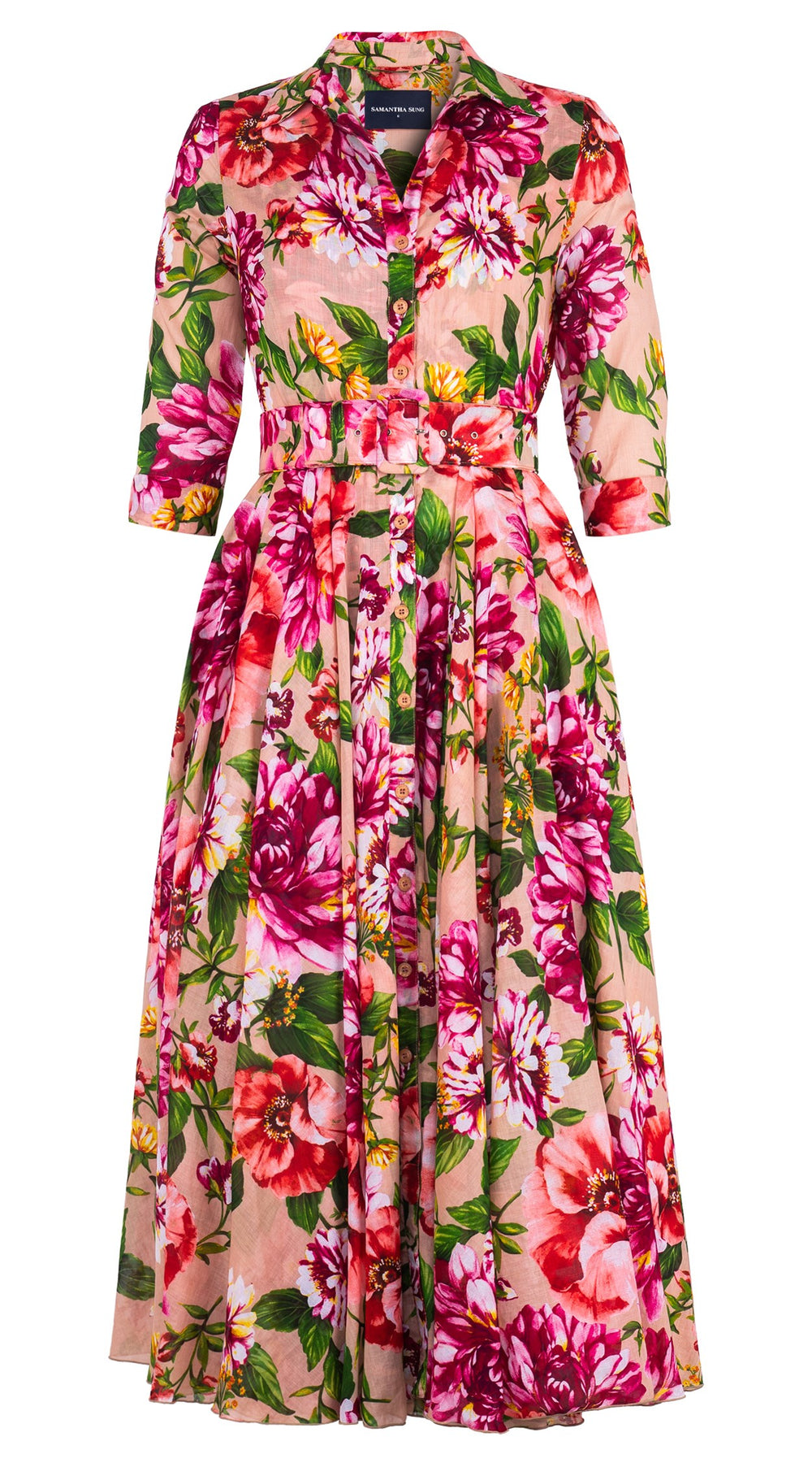 Aster Dress Shirt Collar 3/4 Sleeve Midi Plus Length Cotton Musola (Los Cabos Flower)