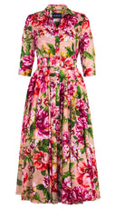 Aster Dress Shirt Collar 3/4 Sleeve Midi Plus Length Cotton Musola (Los Cabos Flower)
