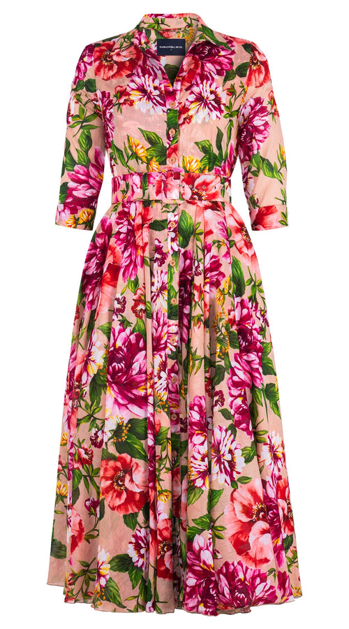 Aster Dress Shirt Collar 3/4 Sleeve Midi Plus Length Cotton Musola (Los Cabos Flower)