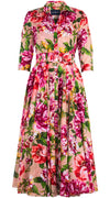 Aster Dress Shirt Collar 3/4 Sleeve Midi Plus Length Cotton Musola (Los Cabos Flower)