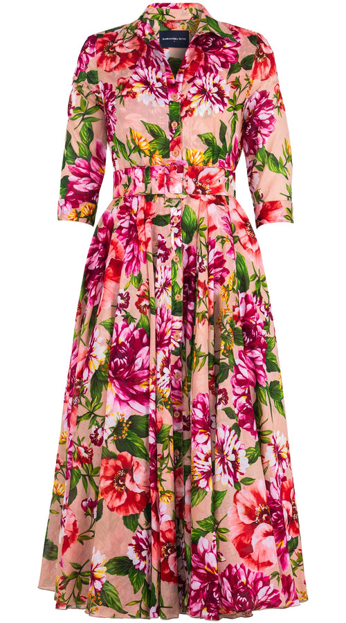 Aster Dress Shirt Collar 3/4 Sleeve Midi Plus Length Cotton Musola (Los Cabos Flower)