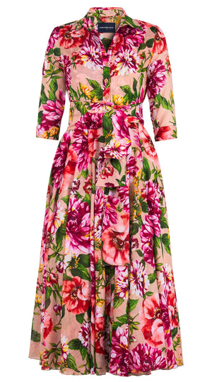 Aster Dress Shirt Collar 3/4 Sleeve Midi Plus Length Cotton Musola (Los Cabos Flower)