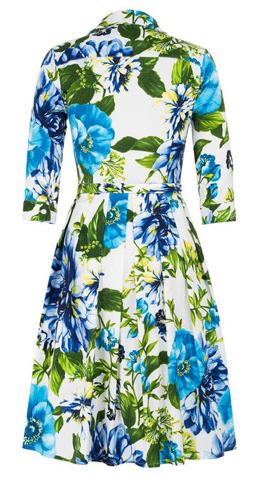 Audrey Dress #1 Shirt Collar 3/4 Sleeve Regular Length Cotton Stretch (Los Cabos Flower)