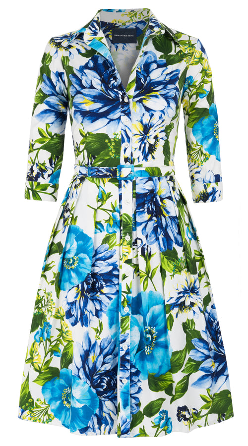 Audrey Dress #1 Shirt Collar 3/4 Sleeve Regular Length Cotton Stretch (Los Cabos Flower)