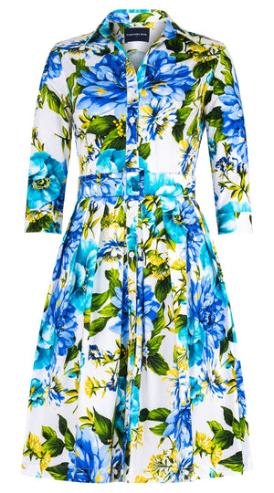 Audrey Dress #1 Shirt Collar 3/4 Sleeve Regular Length Cotton Stretch (Los Cabos Flower White)