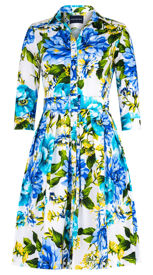 Audrey Dress #1 Shirt Collar 3/4 Sleeve Regular Length Cotton Stretch (Los Cabos Flower White)