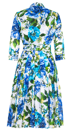 Audrey Dress #4 Shirt Collar 3/4 Sleeve Long Length Cotton Musola (Los Cabos Flower White)