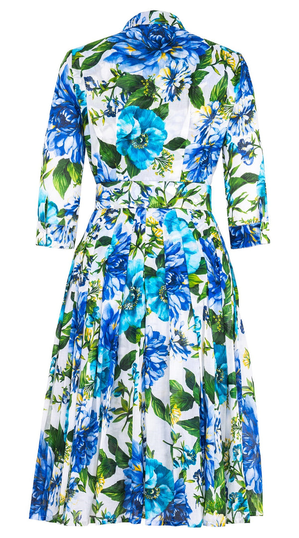 Audrey Dress #4 Shirt Collar 3/4 Sleeve Long Length Cotton Musola (Los Cabos Flower White)