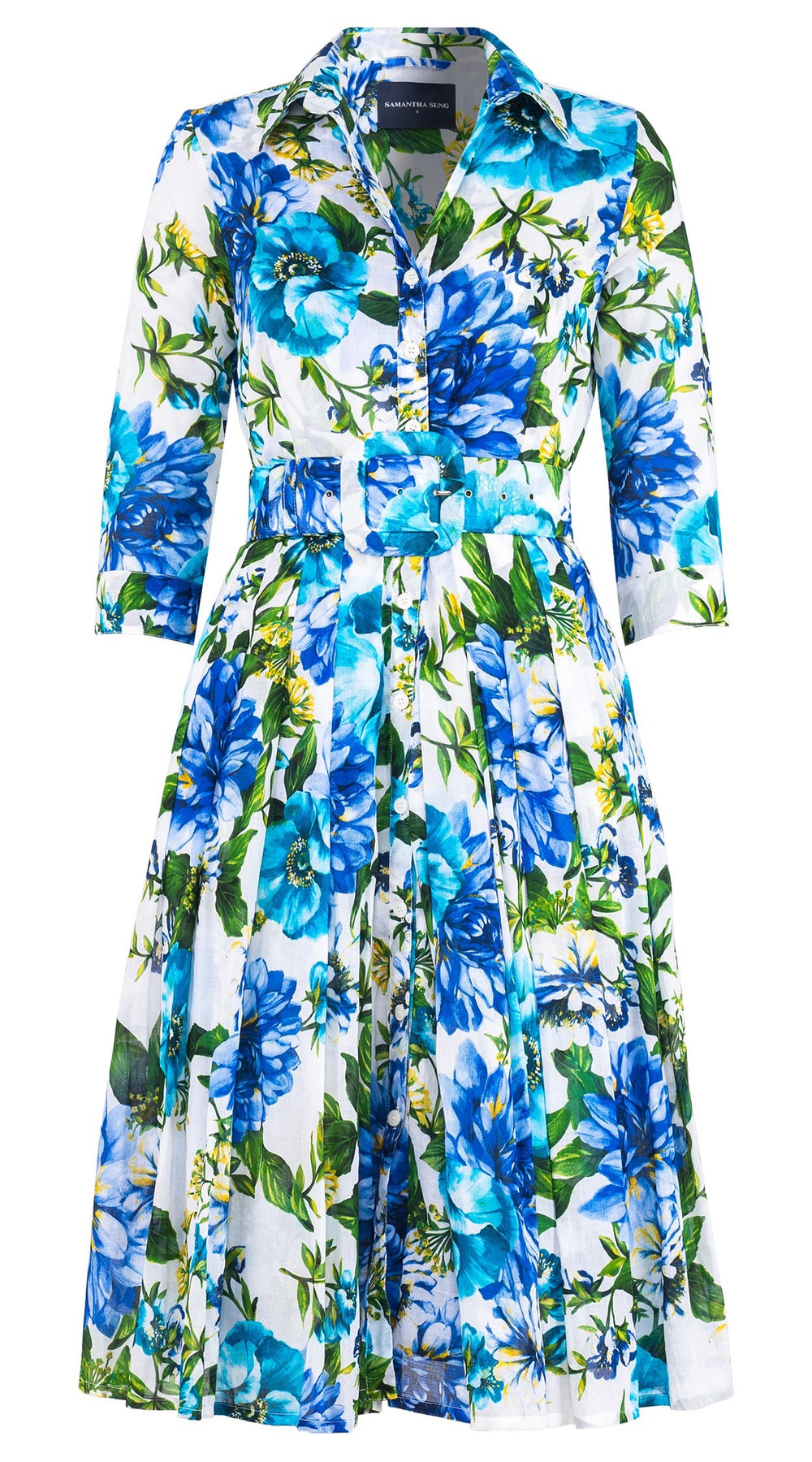 Audrey Dress #4 Shirt Collar 3/4 Sleeve Long Length Cotton Musola (Los Cabos Flower White)