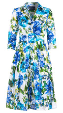 Audrey Dress #4 Shirt Collar 3/4 Sleeve Long Length Cotton Musola (Los Cabos Flower White)