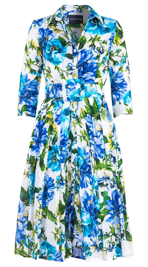 Audrey Dress #4 Shirt Collar 3/4 Sleeve Long Length Cotton Musola (Los Cabos Flower White)