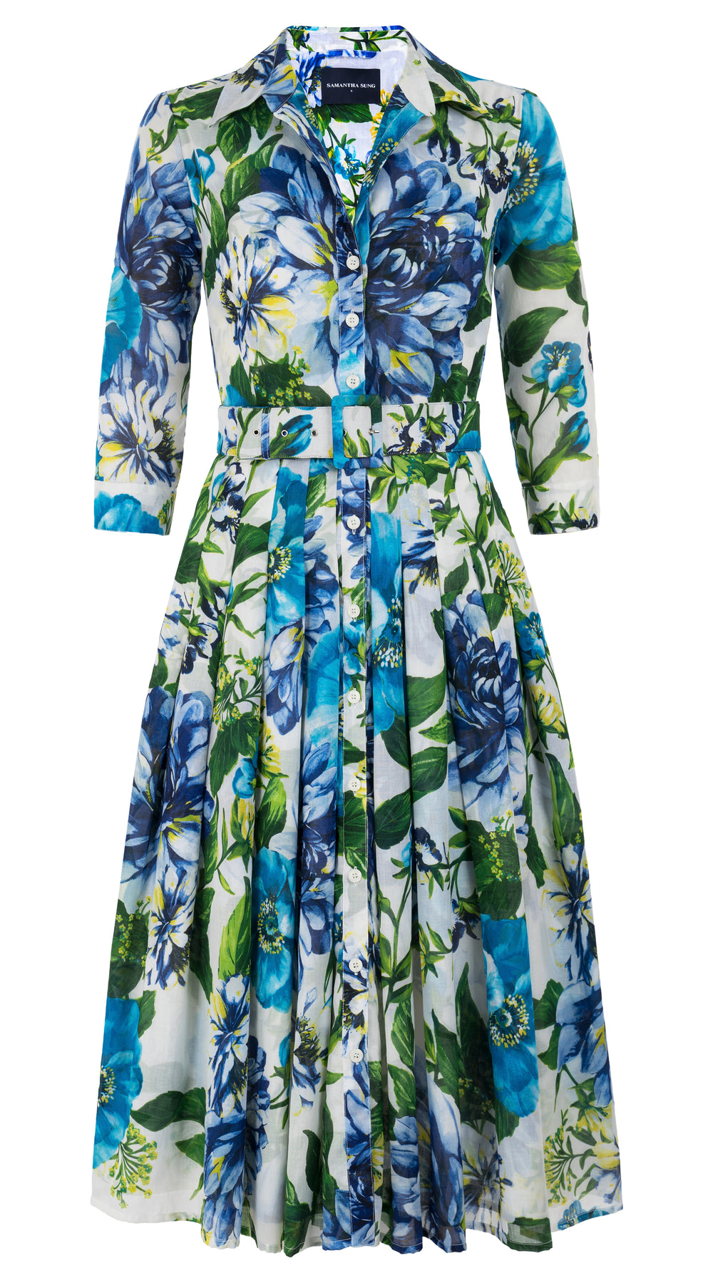 Audrey Dress #4 Shirt Collar 3/4 Sleeve Midi Length Cotton Musola (Los Cabos Flower White)