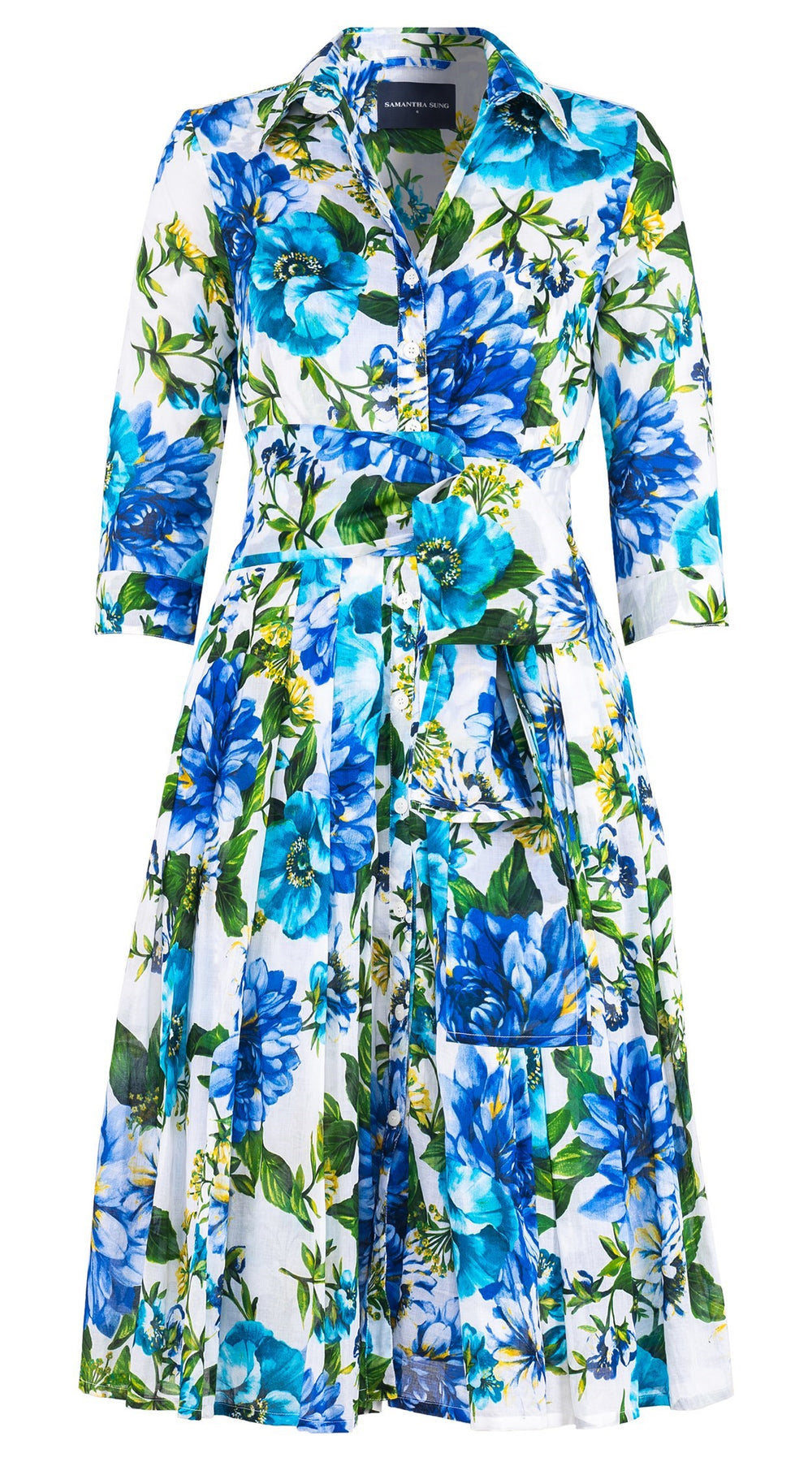 Audrey Dress #4 Shirt Collar 3/4 Sleeve Long Length Cotton Musola (Los Cabos Flower White)