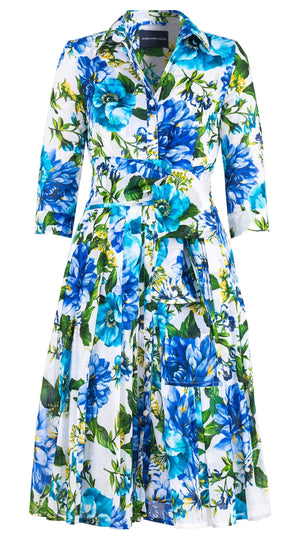 Audrey Dress #4 Shirt Collar 3/4 Sleeve Long Length Cotton Musola (Los Cabos Flower White)