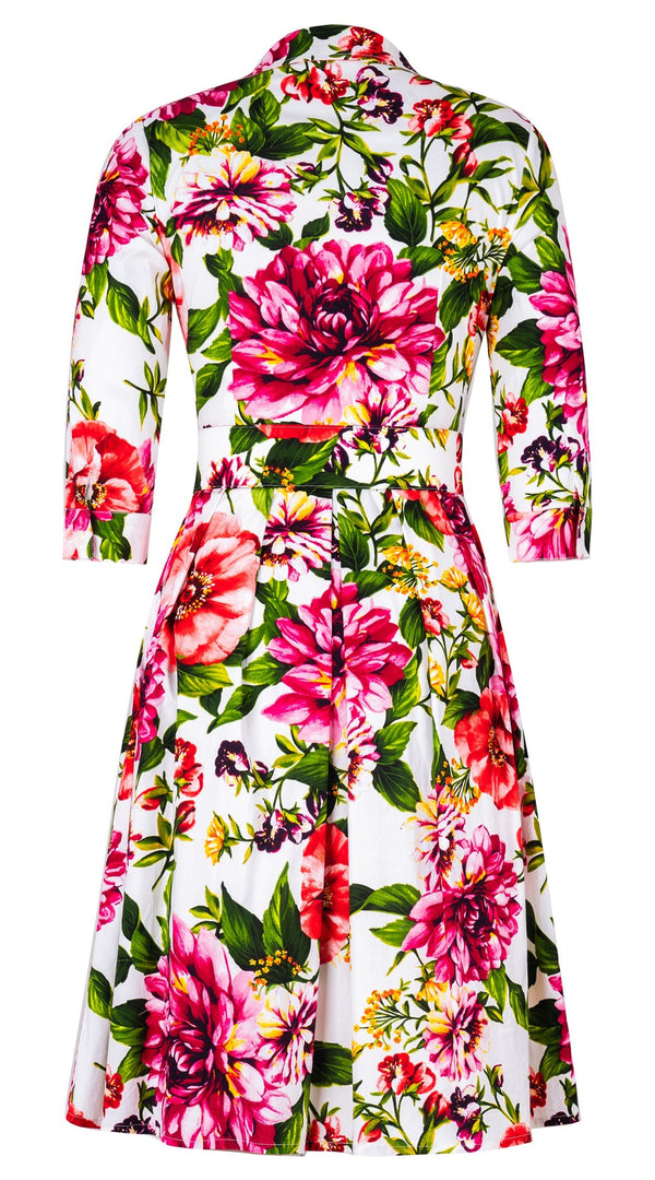 Audrey Dress #1 Shirt Collar 3/4 Sleeve Regular Length Cotton Stretch (Los Cabos Flower White)
