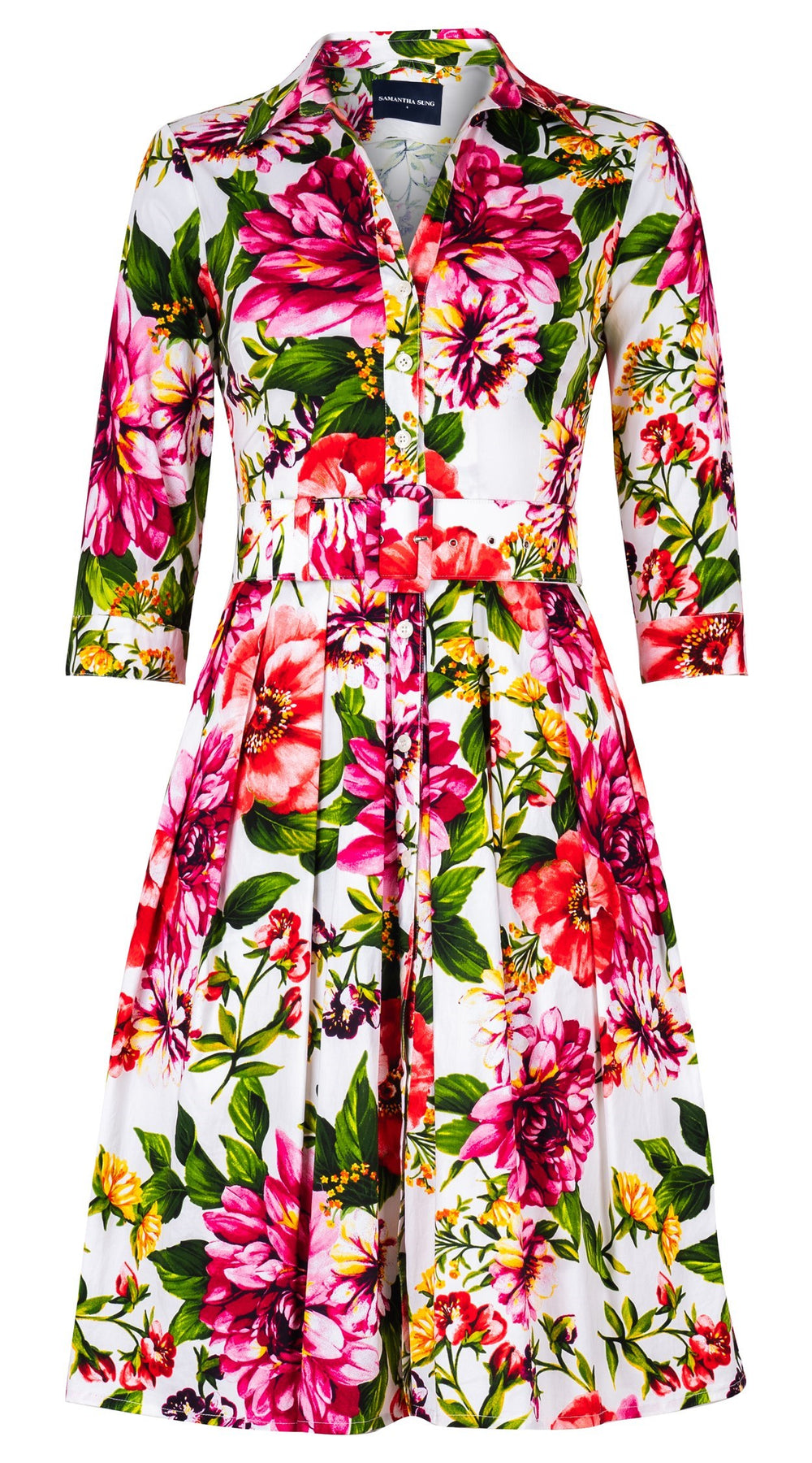Audrey Dress #1 Shirt Collar 3/4 Sleeve Regular Length Cotton Stretch (Los Cabos Flower White)