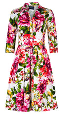 Audrey Dress #1 Shirt Collar 3/4 Sleeve Regular Length Cotton Stretch (Los Cabos Flower White)