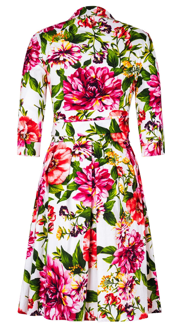 Audrey Dress #1 Shirt Collar 3/4 Sleeve Regular Length Cotton Stretch (Los Cabos Flower White)