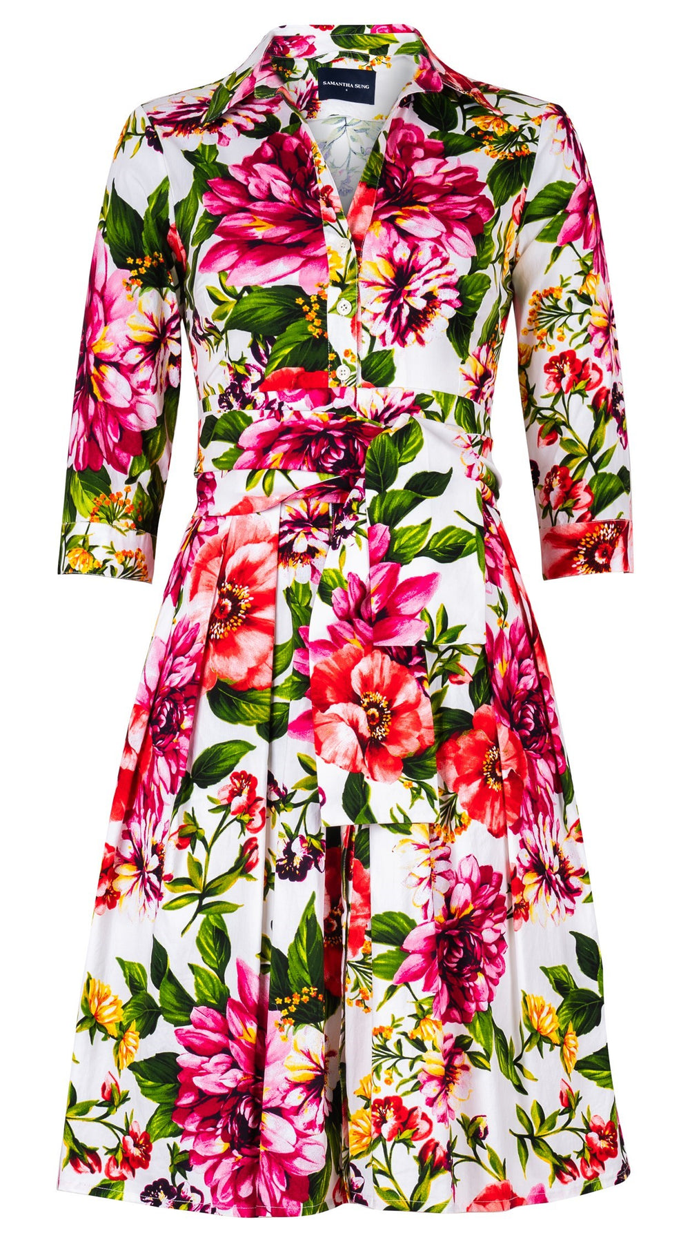 Audrey Dress #1 Shirt Collar 3/4 Sleeve Regular Length Cotton Stretch (Los Cabos Flower White)