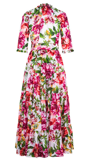 Eva Dress Crew Neck 3/4 Sleeve Maxi Length Cotton Musola (Los Cabos Flower White)