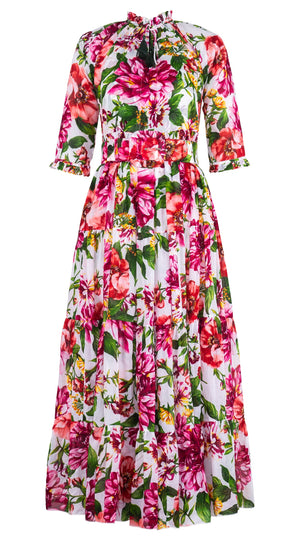 Eva Dress Crew Neck 3/4 Sleeve Maxi Length Cotton Musola (Los Cabos Flower White)