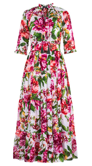 Eva Dress Crew Neck 3/4 Sleeve Maxi Length Cotton Musola (Los Cabos Flower White)