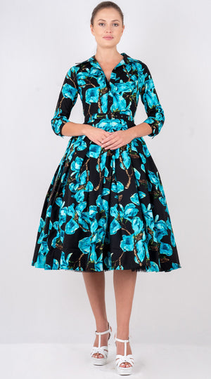 Lana Dress Shirt Collar 3/4 Sleeve with Tulle Midi Cotton Stretch (Magnolia Blossom)