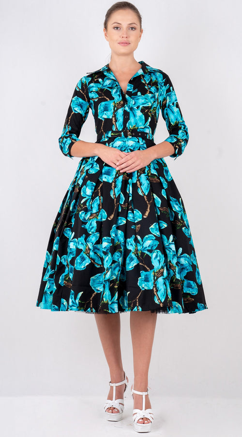 Lana Dress Shirt Collar 3/4 Sleeve with Tulle Midi Cotton Stretch (Magnolia Blossom)
