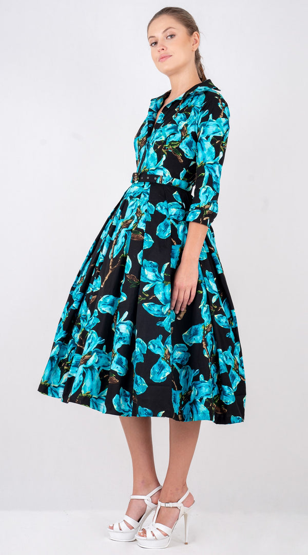 Lana Dress Shirt Collar 3/4 Sleeve with Tulle Midi Cotton Stretch (Magnolia Blossom)