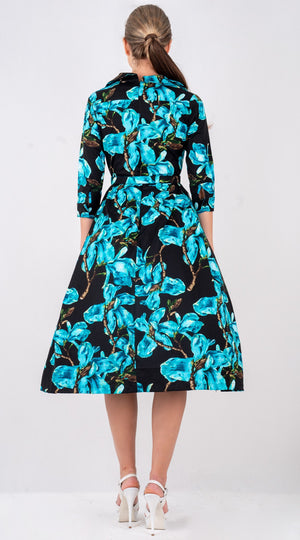 Lana Dress Shirt Collar 3/4 Sleeve with Tulle Midi Cotton Stretch (Magnolia Blossom)