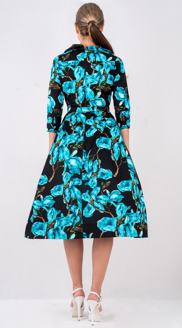 Lana Dress Shirt Collar 3/4 Sleeve with Tulle Midi Cotton Stretch (Magnolia Blossom)