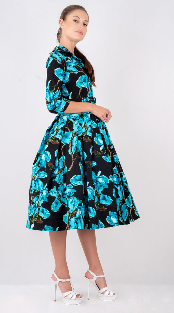 Lana Dress Shirt Collar 3/4 Sleeve with Tulle Midi Cotton Stretch (Magnolia Blossom)