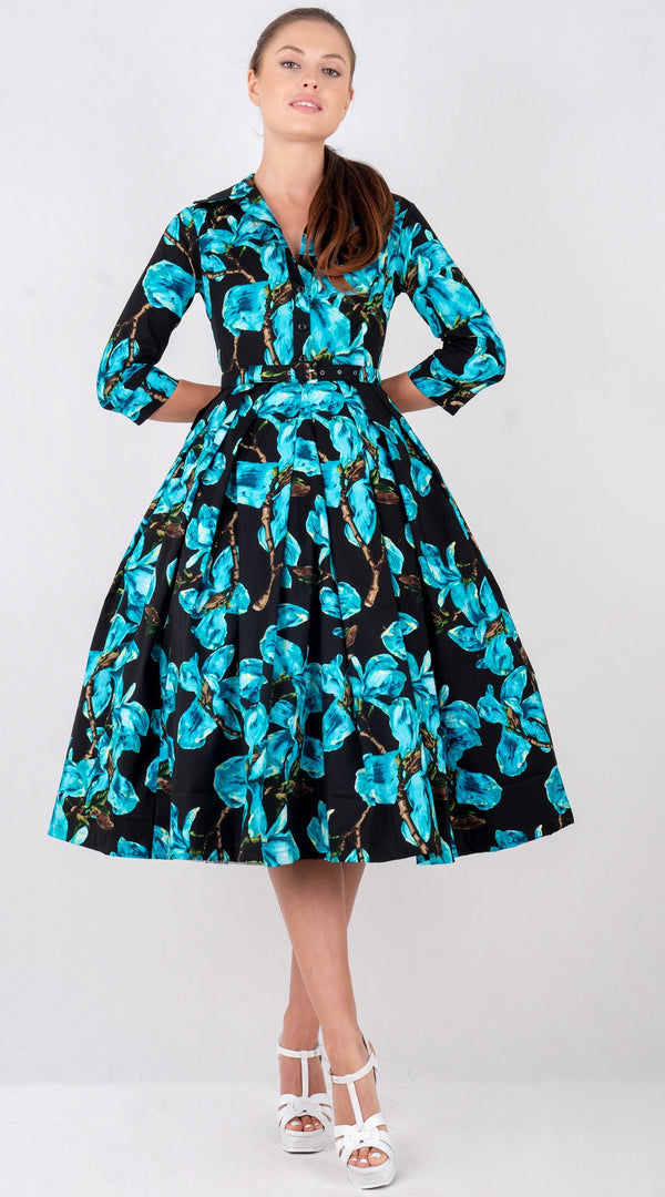 Lana Dress Shirt Collar 3/4 Sleeve with Tulle Midi Cotton Stretch (Magnolia Blossom)