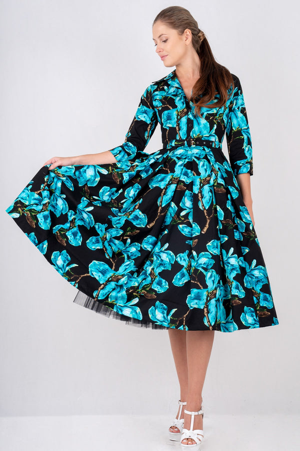 Lana Dress Shirt Collar 3/4 Sleeve with Tulle Midi Cotton Stretch (Magnolia Blossom)