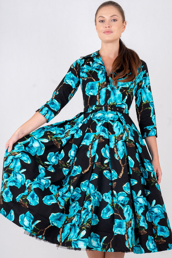 Lana Dress Shirt Collar 3/4 Sleeve with Tulle Midi Cotton Stretch (Magnolia Blossom)