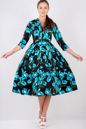 Lana Dress Shirt Collar 3/4 Sleeve with Tulle Midi Cotton Stretch (Magnolia Blossom)
