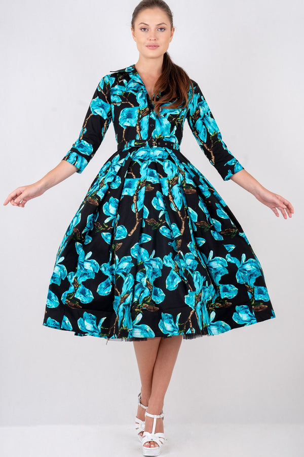 Lana Dress Shirt Collar 3/4 Sleeve with Tulle Midi Cotton Stretch (Magnolia Blossom)
