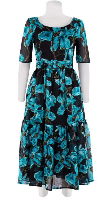 Melanie Dress #2 Boat Neck 1/2 Sleeve Midi Plus Length Cotton Musola (Magnolia Blossom Black)