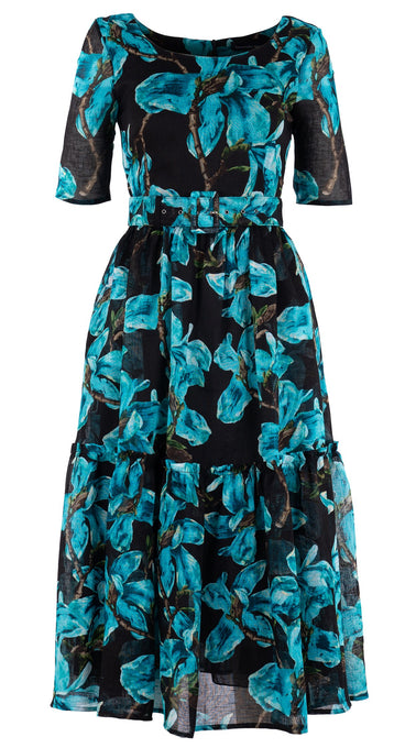Melanie Dress #2 Boat Neck 1/2 Sleeve Midi Plus Length Cotton Musola (Magnolia Blossom Black)